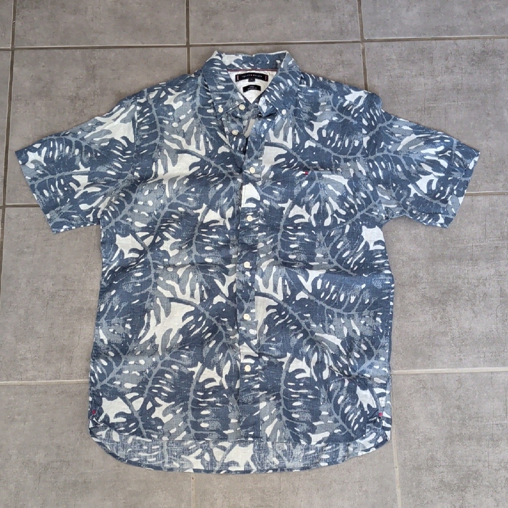 Tommy Hilfiger Blue Leaf Print 100% Linen Shirt